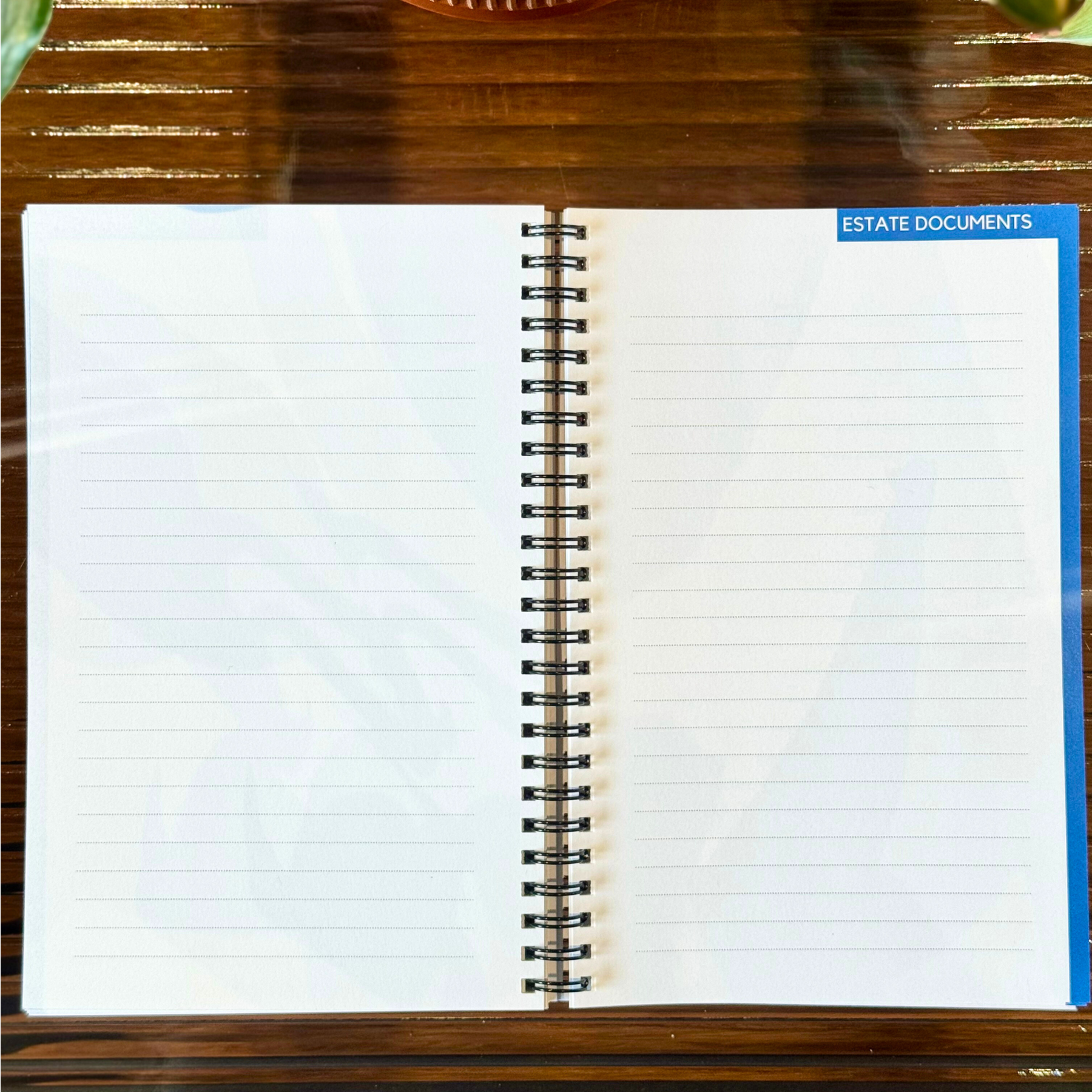 Open notebook on a wooden surface with plants in the background