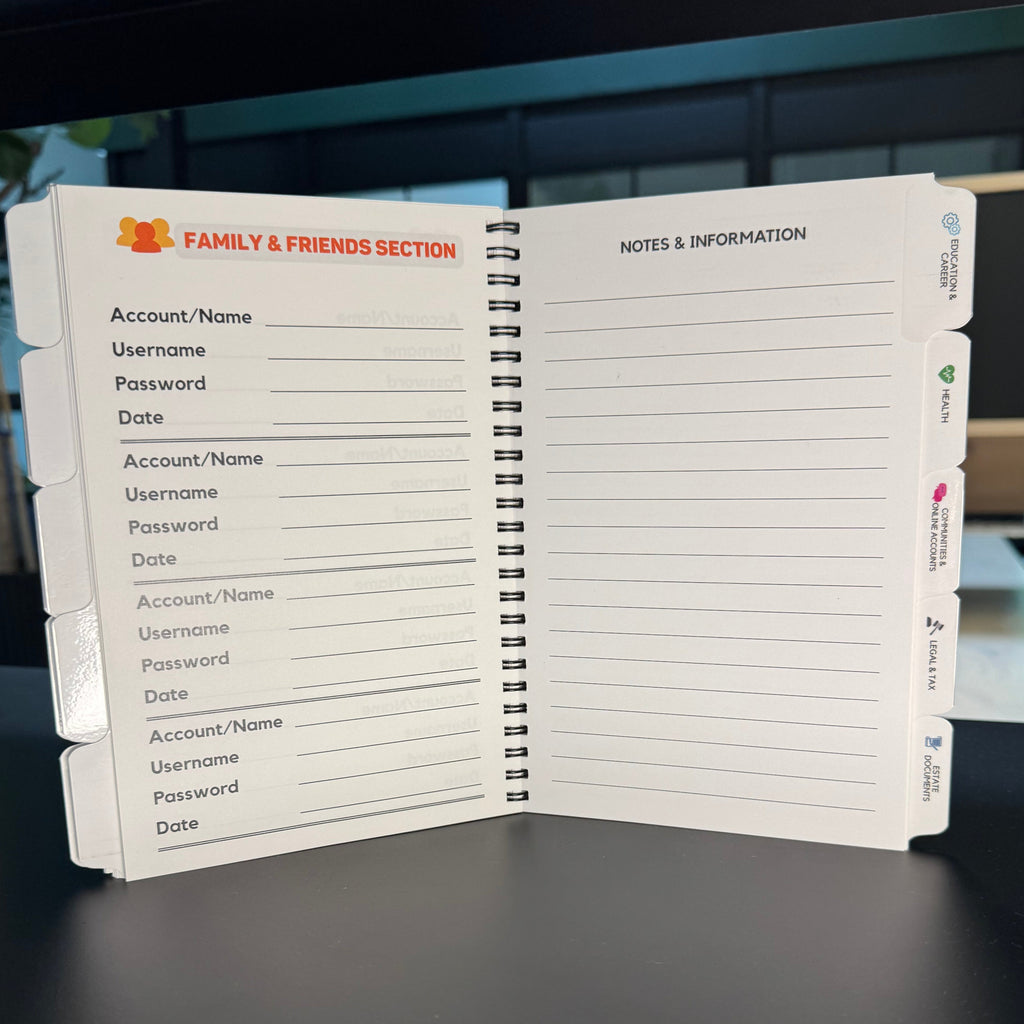 Open notebook with password and account information sections on a desk.